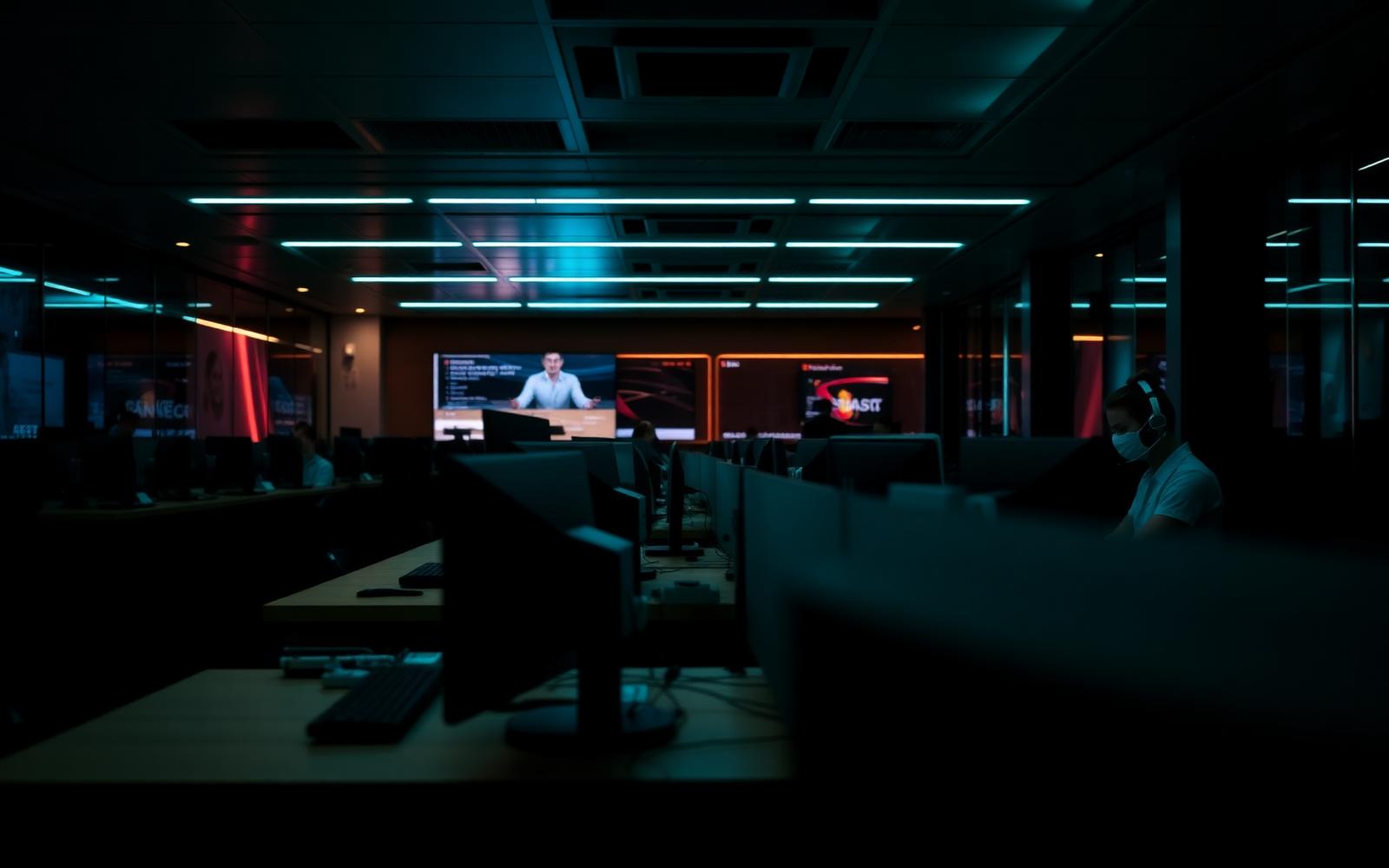Modern call center floor with agents at workstations